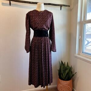 Vintage Prairie Floral Suede Leather Button Bodice Long Sleeve Dress Size large